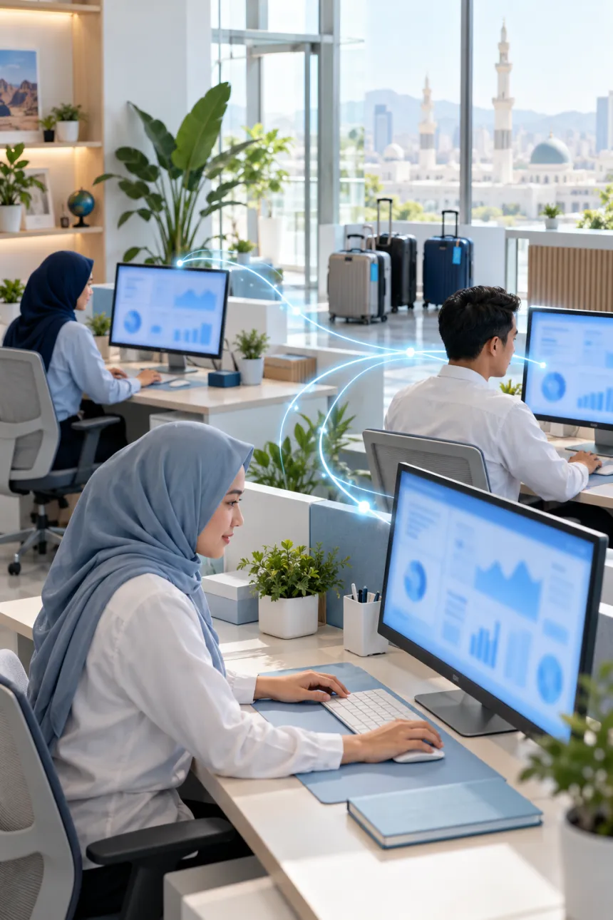 Staf travel umrah bekerja di kantor dengan dashboard yang saling terhubung antarbagian